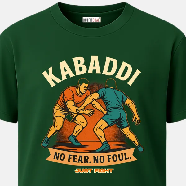 _Regular_Unisex_Bottle_Green_Graphics_T-Shirt,_Two_kabaddi_athletes_in_dynamic_pose_with_curved_banner_text_no_fear_no_foul_|_SPORTS_MODE
