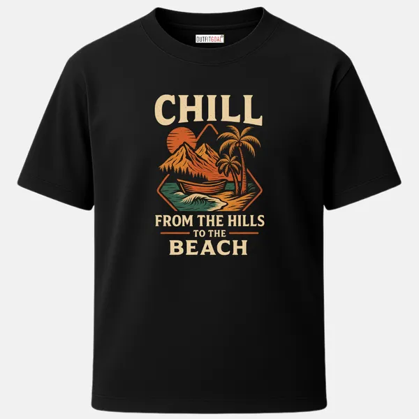 _Regular_Unisex_Black_Graphics_T-Shirt,_Retro_design_mountains_boat_palm_chill_from_the_hills_to_the_beach_|_TRAVEL_MODE