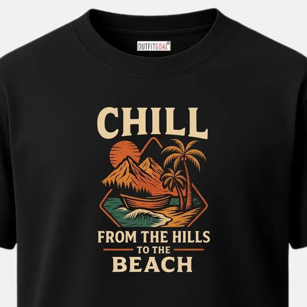 _Regular_Unisex_Black_Graphics_T-Shirt,_Retro_design_mountains_boat_palm_chill_from_the_hills_to_the_beach_|_TRAVEL_MODE