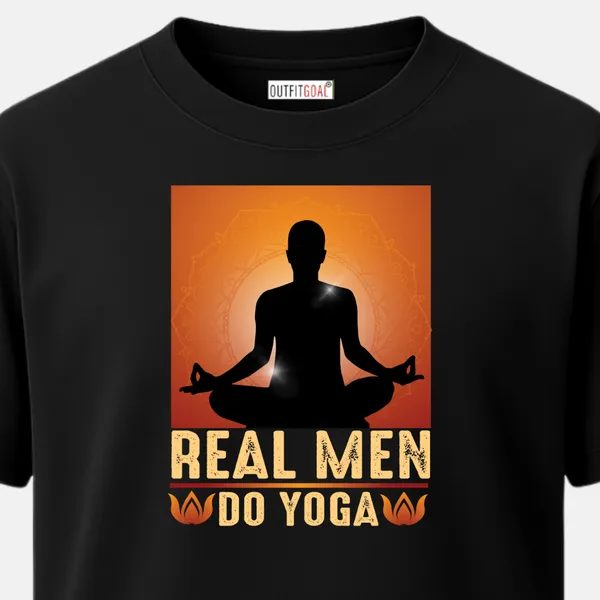 _Regular_Unisex_Black_Graphics_T-Shirt,_Male_silhouette_meditating_against_glowing_orange_mandala_slogan_real_men_do_yoga_|_SPORTS_MODE