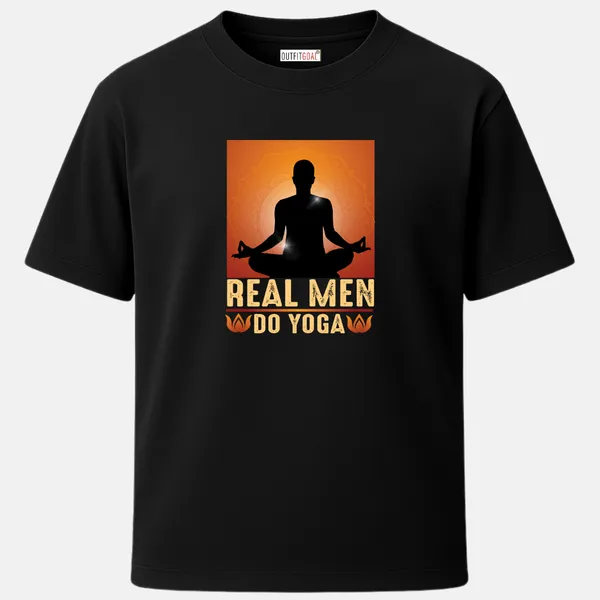 _Regular_Unisex_Black_Graphics_T-Shirt,_Male_silhouette_meditating_against_glowing_orange_mandala_slogan_real_men_do_yoga_|_SPORTS_MODE