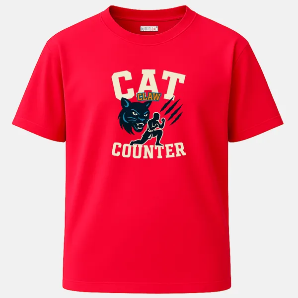 _Regular_Unisex_Red_Graphics_T-Shirt,_Fighter_crouching_with_feline_head_and_claw_marks_text_cat_claw_counter_|_SPORTS_MODE