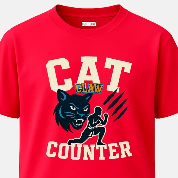 _Regular_Unisex_Red_Graphics_T-Shirt,_Fighter_crouching_with_feline_head_and_claw_marks_text_cat_claw_counter_|_SPORTS_MODE