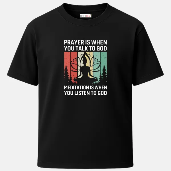 _Regular_Unisex_Black_Graphics_T-Shirt,_Silhouette_meditating_with_lotus_background_text_prayer_is_when_you_talk_to_god_meditation_is_when_you_listen_to_god_|_SPORTS_MODE