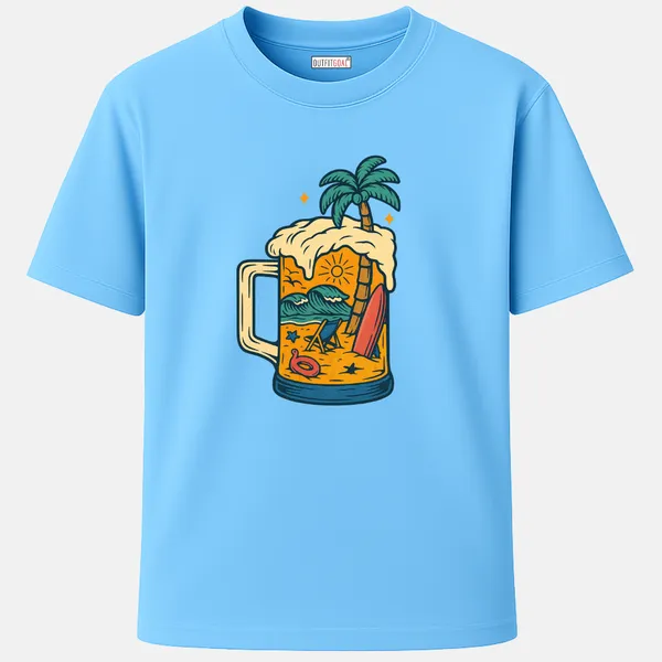 _Regular_Unisex_Sky_Graphics_T-Shirt,_Mug_of_beer_filled_with_beach_scene_palm_surfboard_waves_sun_beach_chair_|_TRAVEL_MODE