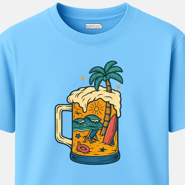 _Regular_Unisex_Sky_Graphics_T-Shirt,_Mug_of_beer_filled_with_beach_scene_palm_surfboard_waves_sun_beach_chair_|_TRAVEL_MODE
