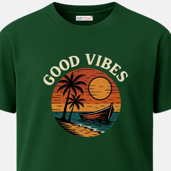 _Regular_Unisex_Bottle_Green_Graphics_T-Shirt,_Classic_beach_sunset_scene_with_palms_boat_text_good_vibes_|_TRAVEL_MODE