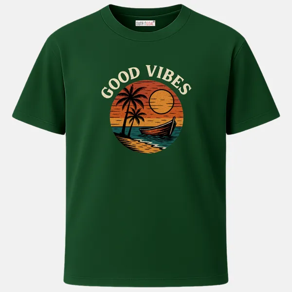 _Regular_Unisex_Bottle_Green_Graphics_T-Shirt,_Classic_beach_sunset_scene_with_palms_boat_text_good_vibes_|_TRAVEL_MODE