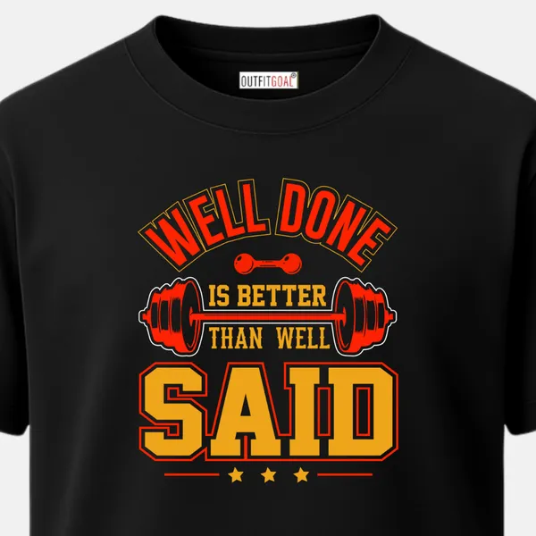 _Regular_Unisex_Black_Graphics_T-Shirt,_Dumbbell_banner_well_done_is_better_than_well_said_red_yellow_palette_|_SPORTS_MODE