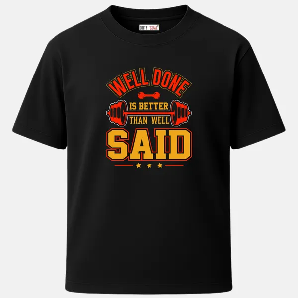 _Regular_Unisex_Black_Graphics_T-Shirt,_Dumbbell_banner_well_done_is_better_than_well_said_red_yellow_palette_|_SPORTS_MODE