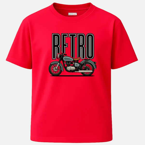 Outfitgoal_Regular_Unisex_Red_Graphics_T-Shirt,_Side_view_teal_classic_motorcycle_over_large_Retro_wordmark_for_nostalgic_rider_style._|_TRAVEL_MODE