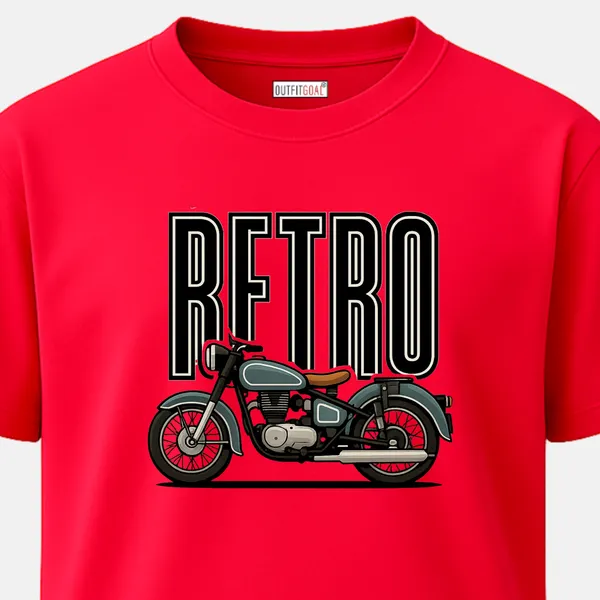 Outfitgoal_Regular_Unisex_Red_Graphics_T-Shirt,_Side_view_teal_classic_motorcycle_over_large_Retro_wordmark_for_nostalgic_rider_style._|_TRAVEL_MODE