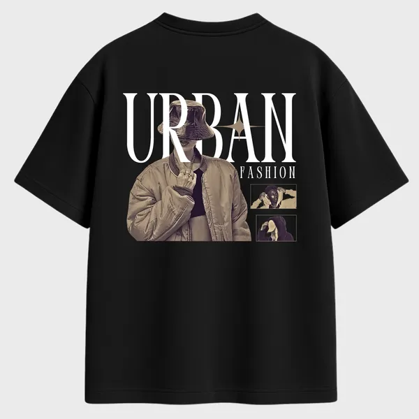 Outfitgoal_Oversize_Unisex_Black_Graphics_T-Shirt,_Urban_fashion_collage_with_large_URBAN_FASHION_text_and_model_in_bucket_hat_and_puffer_jacket_|_GRAPHICS_MODE