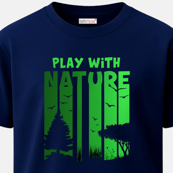 _Regular_Unisex_Navy_Graphics_T-Shirt,_Bold_green_type_art_play_with_nature_tree_grass_birds_silhouette_|_TRAVEL_MODE