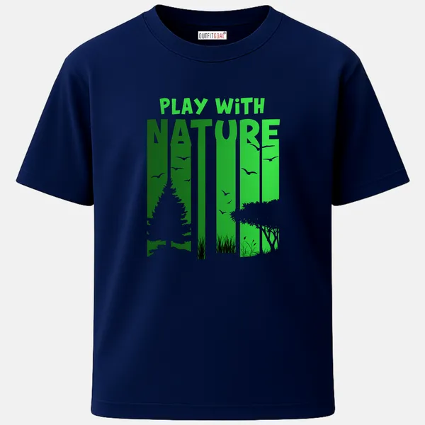 _Regular_Unisex_Navy_Graphics_T-Shirt,_Bold_green_type_art_play_with_nature_tree_grass_birds_silhouette_|_TRAVEL_MODE