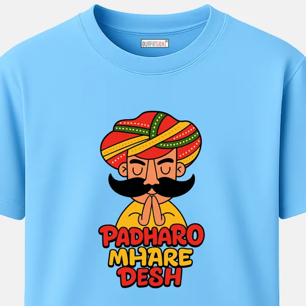 _Regular_Unisex_Sky_Graphics_T-Shirt,_Cartoon_style_rajasthani_man_greeting_padharo_mhare_desh_|_TRAVEL_MODE