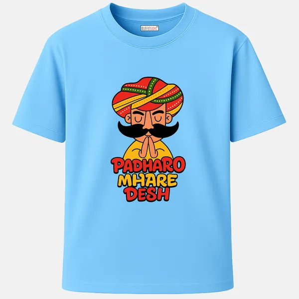 _Regular_Unisex_Sky_Graphics_T-Shirt,_Cartoon_style_rajasthani_man_greeting_padharo_mhare_desh_|_TRAVEL_MODE