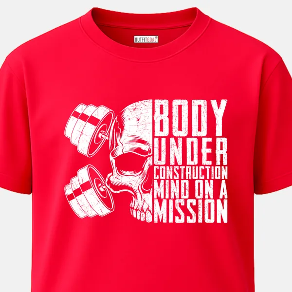 _Regular_Unisex_Red_Graphics_T-Shirt,_Skull_merged_with_dumbbells_bold_quote_body_under_construction_mind_on_a_mission_|_SPORTS_MODE
