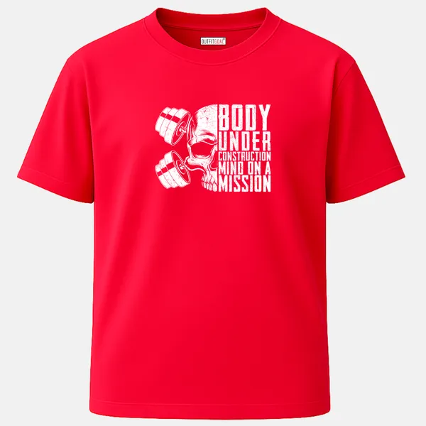 _Regular_Unisex_Red_Graphics_T-Shirt,_Skull_merged_with_dumbbells_bold_quote_body_under_construction_mind_on_a_mission_|_SPORTS_MODE