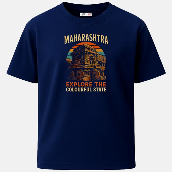 _Regular_Unisex_Navy_Graphics_T-Shirt,_Historic_temple_structure_with_bold_type_art_explore_the_colourful_state_|_TRAVEL_MODE