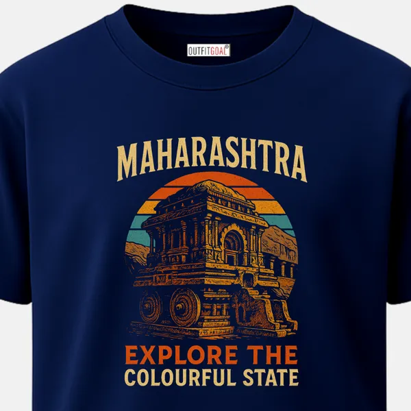 _Regular_Unisex_Navy_Graphics_T-Shirt,_Historic_temple_structure_with_bold_type_art_explore_the_colourful_state_|_TRAVEL_MODE