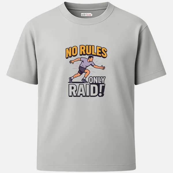 _Regular_Unisex_Grey_Graphics_T-Shirt,_Modern_bold_art_of_a_raider_lunging_type_art_no_rules_only_raid_|_SPORTS_MODE