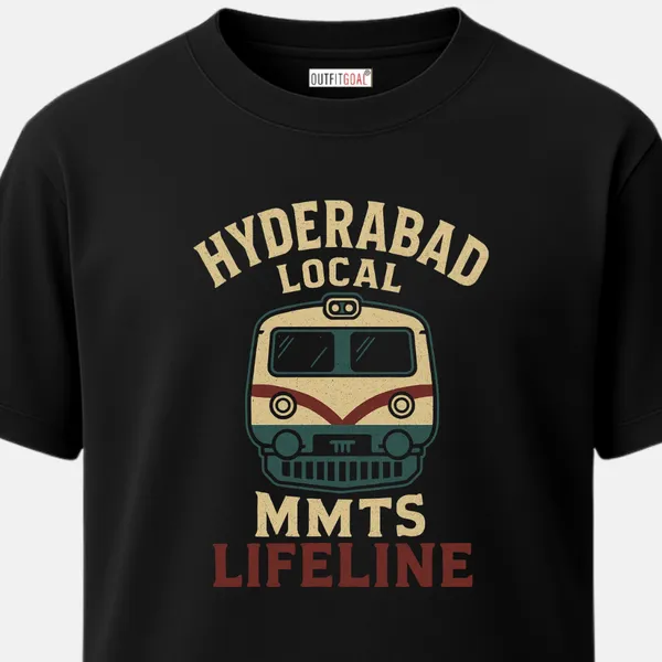 _Regular_Unisex_Yellow_Graphics_T-Shirt,_Beige_red_mmts_local_train_with_hyderabad_local_lifeline_caption_minimalist_badge_|_TRAVEL_MODE