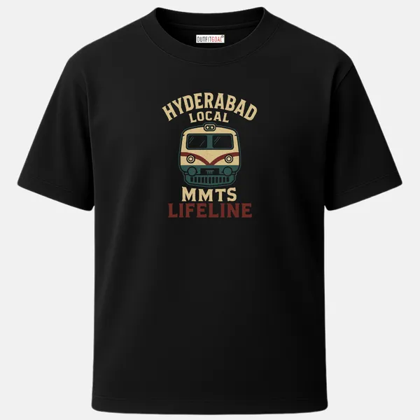 _Regular_Unisex_Yellow_Graphics_T-Shirt,_Beige_red_mmts_local_train_with_hyderabad_local_lifeline_caption_minimalist_badge_|_TRAVEL_MODE
