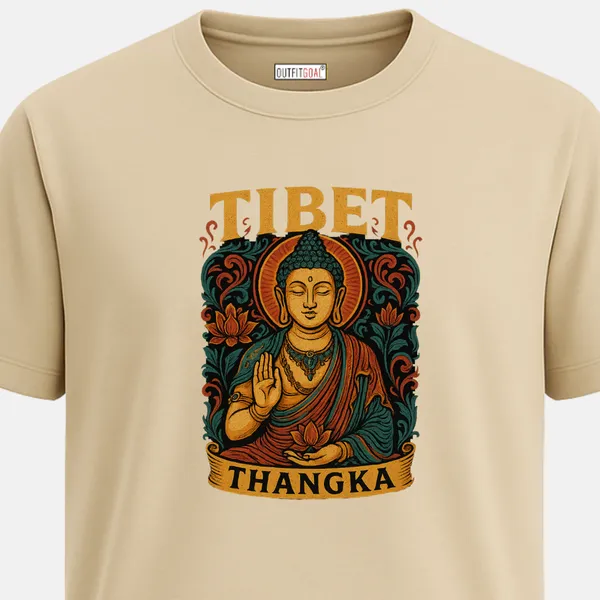 _Regular_Unisex_Beige_Graphics_T-Shirt,_Intricate_buddha_thangka_art_with_lotus_flowers_and_text_tibet_thangka_|_TRAVEL_MODE