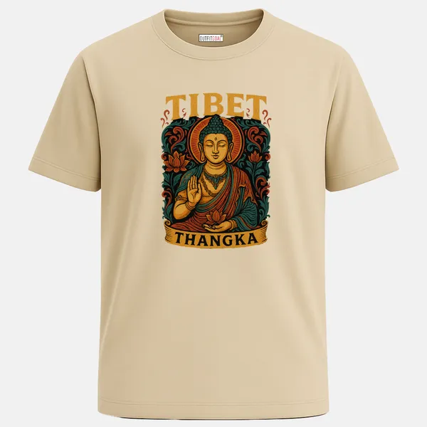 _Regular_Unisex_Beige_Graphics_T-Shirt,_Intricate_buddha_thangka_art_with_lotus_flowers_and_text_tibet_thangka_|_TRAVEL_MODE