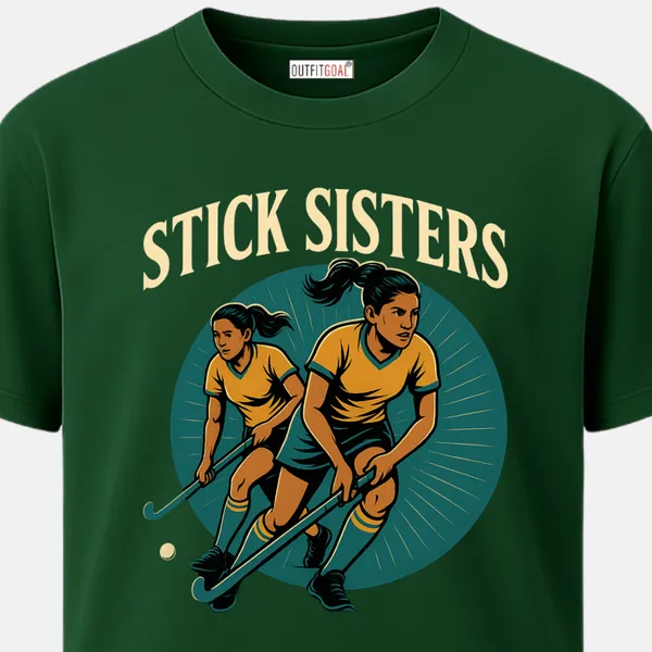 _Regular_Unisex_Bottle_Green_Graphics_T-Shirt,_Two_female_hockey_players_in_yellow_uniforms_running_with_sticks_text_stick_sisters_|_SPORTS_MODE