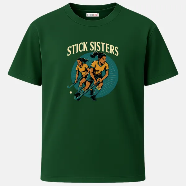 _Regular_Unisex_Bottle_Green_Graphics_T-Shirt,_Two_female_hockey_players_in_yellow_uniforms_running_with_sticks_text_stick_sisters_|_SPORTS_MODE