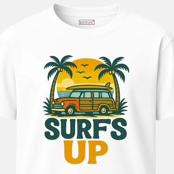 _Regular_Unisex_White_Graphics_T-Shirt,_Vintage_surf_van_with_board_on_top_palm_trees_sunset_text_surf_s_up_|_TRAVEL_MODE