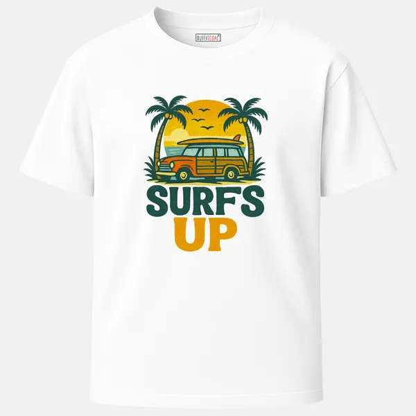 _Regular_Unisex_White_Graphics_T-Shirt,_Vintage_surf_van_with_board_on_top_palm_trees_sunset_text_surf_s_up_|_TRAVEL_MODE