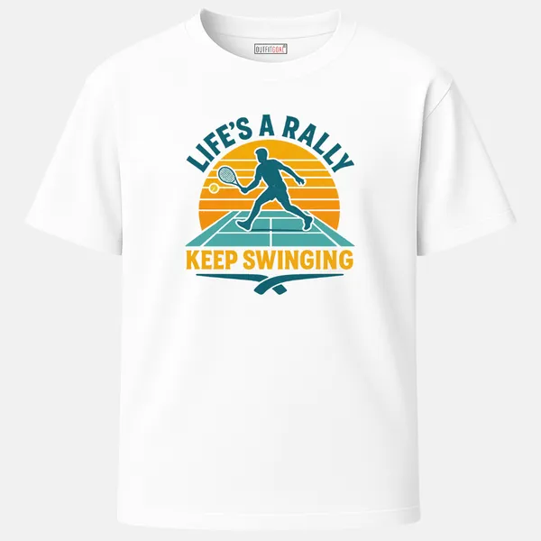 _Regular_Unisex_White_Graphics_T-Shirt,_Silhouette_of_tennis_player_hitting_ball_with_sunset_background_quote_life_s_a_rally_keep_swinging_|_SPORTS_MODE