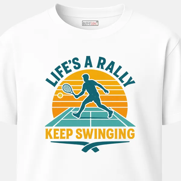 _Regular_Unisex_White_Graphics_T-Shirt,_Silhouette_of_tennis_player_hitting_ball_with_sunset_background_quote_life_s_a_rally_keep_swinging_|_SPORTS_MODE