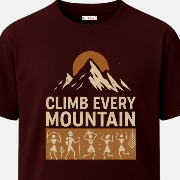 _Regular_Unisex_Maroon_Graphics_T-Shirt,_Tribal_stick_figure_art_mountain_peak_type_art_climb_every_mountain_|_TRAVEL_MODE
