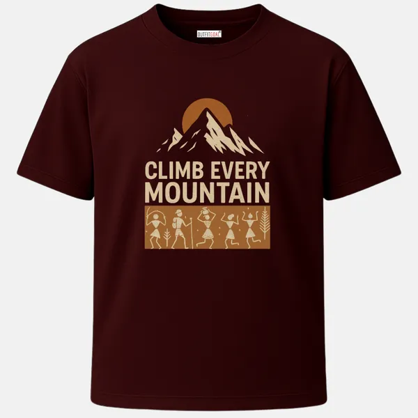 _Regular_Unisex_Maroon_Graphics_T-Shirt,_Tribal_stick_figure_art_mountain_peak_type_art_climb_every_mountain_|_TRAVEL_MODE