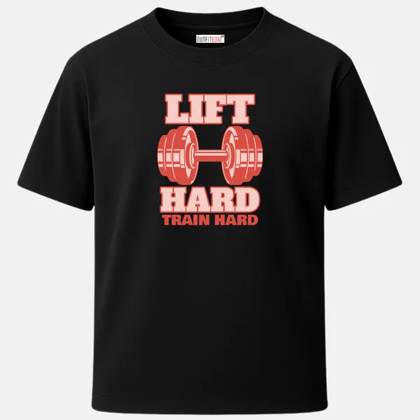 _Regular_Unisex_Black_Graphics_T-Shirt,_Dumbbell_art_lift_hard_train_hard_|_SPORTS_MODE