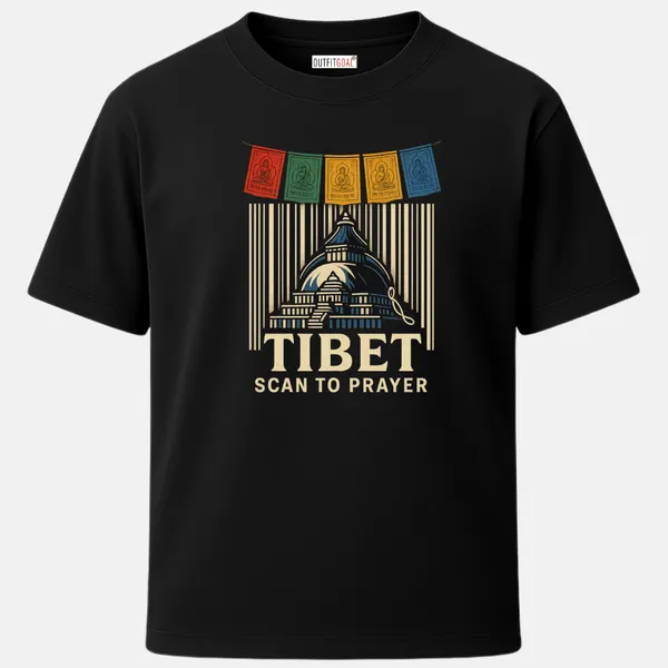 _Regular_Unisex_Black_Graphics_T-Shirt,_Stupa_barcode_fusion_with_prayer_flags_tibet_scan_to_prayer_|_TRAVEL_MODE