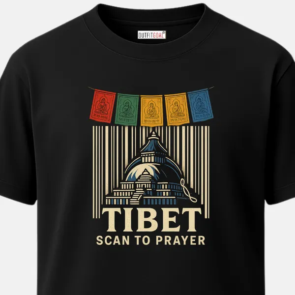 _Regular_Unisex_Black_Graphics_T-Shirt,_Stupa_barcode_fusion_with_prayer_flags_tibet_scan_to_prayer_|_TRAVEL_MODE