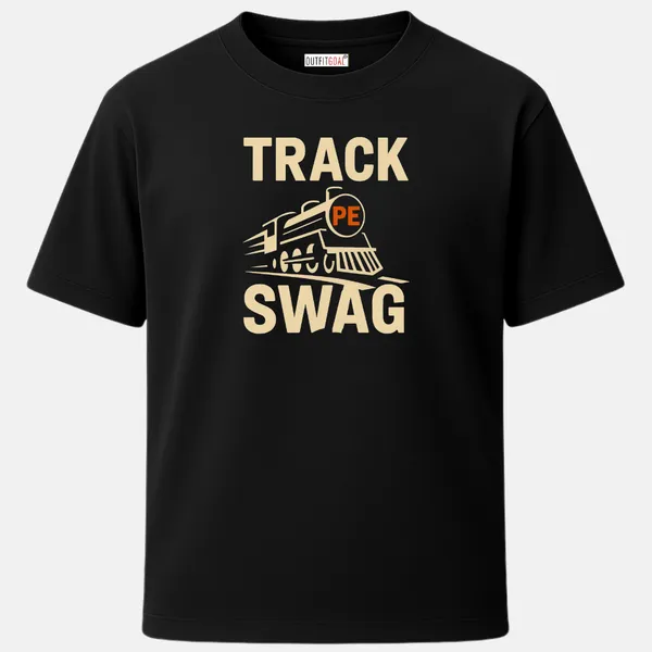 _Regular_Unisex_Black_Graphics_T-Shirt,_Minimal_line_art_of_steam_train_with_bold_text_track_swag_|_TRAVEL_MODE