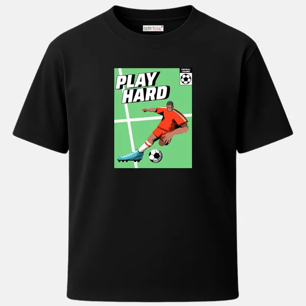 _Regular_Unisex_Black_Graphics_T-Shirt,_Footballer_in_red_jersey_shooting_ball_text_play_hard_|_SPORTS_MODE