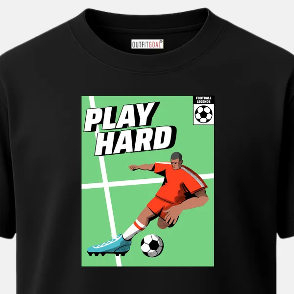 _Regular_Unisex_Black_Graphics_T-Shirt,_Footballer_in_red_jersey_shooting_ball_text_play_hard_|_SPORTS_MODE