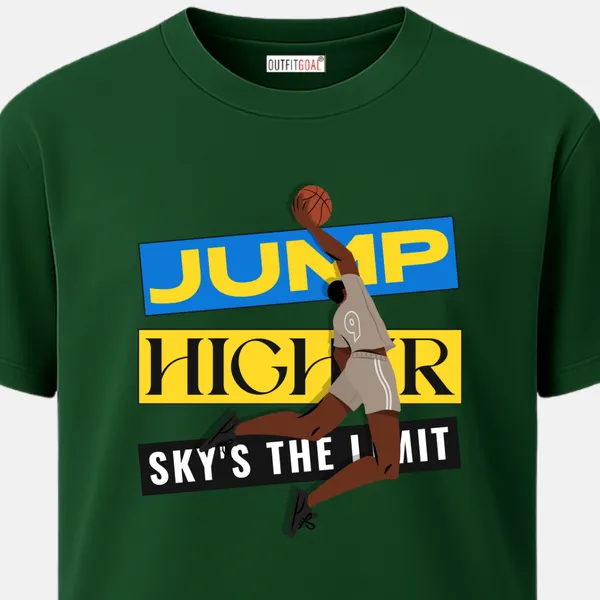 _Regular_Unisex_Bottle_Green_Graphics_T-Shirt,_Basketball_player_mid_air_dunking_with_block_type_art_jump_higher_sky_s_the_limit_|_SPORTS_MODE