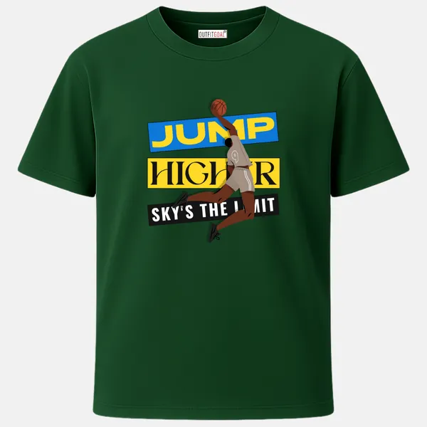 _Regular_Unisex_Bottle_Green_Graphics_T-Shirt,_Basketball_player_mid_air_dunking_with_block_type_art_jump_higher_sky_s_the_limit_|_SPORTS_MODE