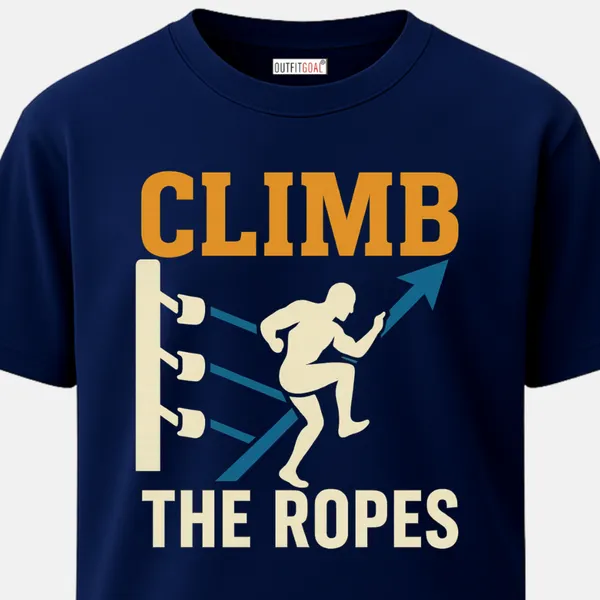 _Regular_Unisex_Navy_Graphics_T-Shirt,_Fighter_climbing_through_boxing_ring_ropes_text_climb_the_ropes_|_SPORTS_MODE