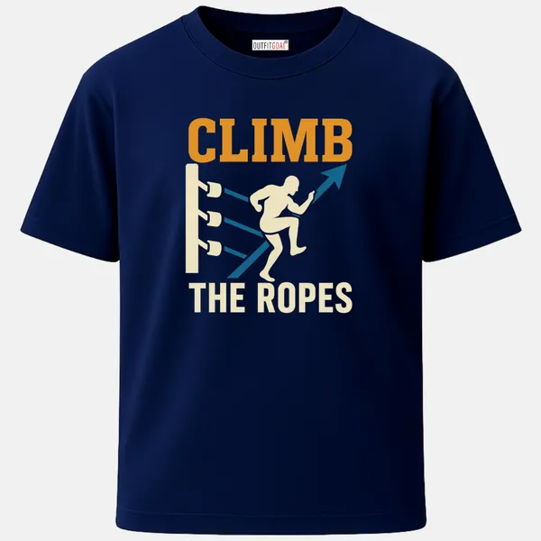 _Regular_Unisex_Navy_Graphics_T-Shirt,_Fighter_climbing_through_boxing_ring_ropes_text_climb_the_ropes_|_SPORTS_MODE