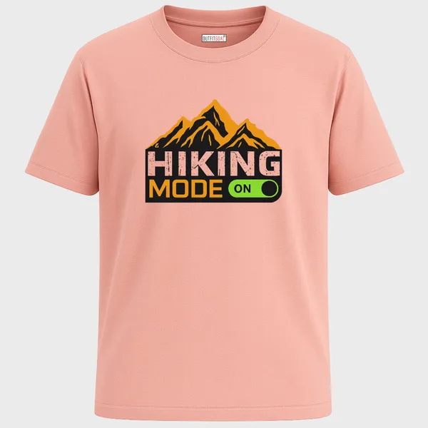 _Regular_Unisex_Pink_Graphics_T-Shirt,_Mountains_silhouette_with_hiking_mode_on_switch_design_|_TRAVEL_MODE