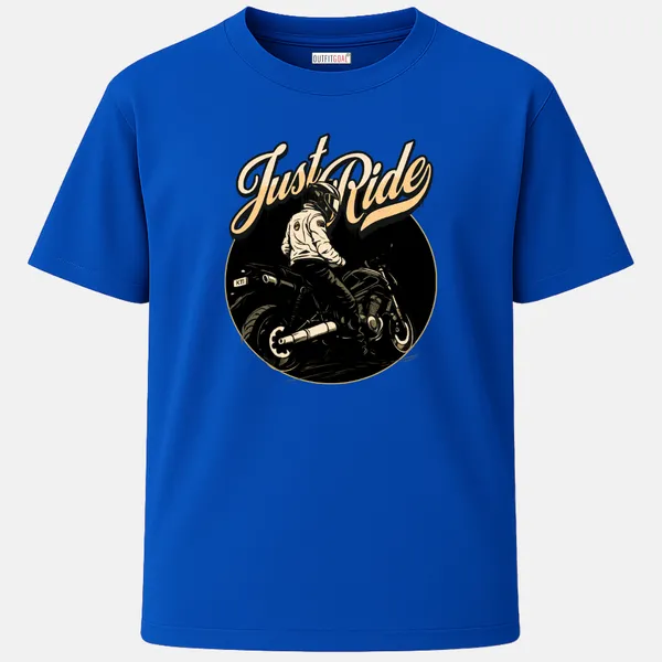 Outfitgoal_Regular_Unisex_Royal_Blue_Graphics_T-Shirt,_Rear-view_of_biker_on_sports_bike_under_bold_script_Just_Ride,_monochrome_retro_aesthetic._|_TRAVEL_MODE